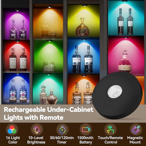 Rechargeable Puck Lights with Remote, 3 Pack Magnetic Under Cabinet Lighting, 1500mAh Battery Operated LED Tap Lights with Dimmer & Timmer for Kitchen, Closet, Shelf - 3 Color Temps & 12 RGB, Black - color: Black
