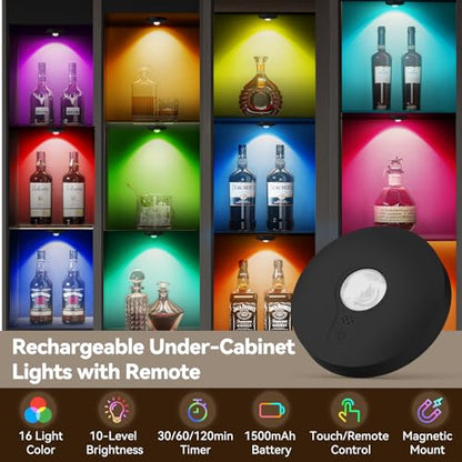 Rechargeable Puck Lights with Remote, 3 Pack Magnetic Under Cabinet Lighting, 1500mAh Battery Operated LED Tap Lights with Dimmer & Timmer for Kitchen, Closet, Shelf - 3 Color Temps & 12 RGB, Black - color: Black