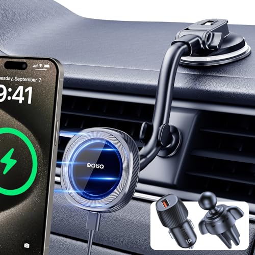 OQTIQ for MagSafe Car Mount Charger, Magnetic Wireless Car Charger Compatible with iPhone 17 16 15 14 13 12 Series, 15W Fast Charging Car Phone Mount for Windshield Dashboard Air Vent - color: Black - Standard Version