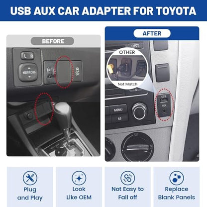 Anina USB AUX Flush Mount for Toyota, 1M Male to Female Car Dash 3.5mm AUX Extension Cable, Square Port USB Panel Mount Socket Adapter, 12V-30V Panel Mounting Cable for Audio Output & Charging
