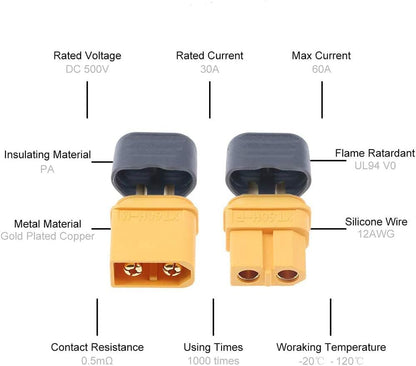 12 Pair XT60H Connectors (XT60 Upgrade), XT60H Male Female Bullet Connectors Power Plugs with Sheath for Lipo Battery RC Planes Cars