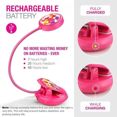 Vekkia Cute Rechargeable Book Light Eye-Care Clip on Lights (Rose Red) - color: Pink