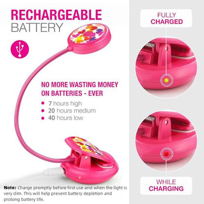 Vekkia Cute Rechargeable Book Light Eye-Care Clip on Lights (Rose Red) - color: Pink