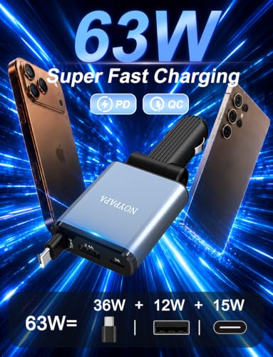 Retractable Car Charger, 63W Car Phone Charger with Cables Fast Charging, USB C Car Charger Adapter for iPhone 17 16 15 14 13 12, Samsung, Black