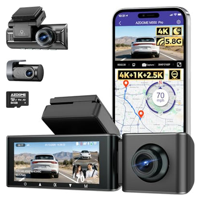 AZDOME 3 Channel Dash Cam Front and Rear Inside, 4K+1080P+2.5K ADAS Dash Cam, 3.19'' IPS Car Camera, 5.8G WiFi GPS Dash Cam for Cars, Voice Control, Night Vision, 24/7 Parking Mode, 64GB Card M550 Pro - color: Matte Black