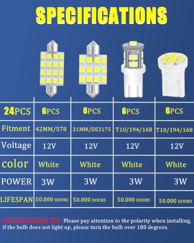 24 Pieces LED Car Interior Light Bulb Kit, Super Bright 6000K White 194 168 DE3175 T10 578 W5W 2825 31MM 42MM LED Bulb, for Dome Map Dash Door License Plate Trunk Light, Interior Lights