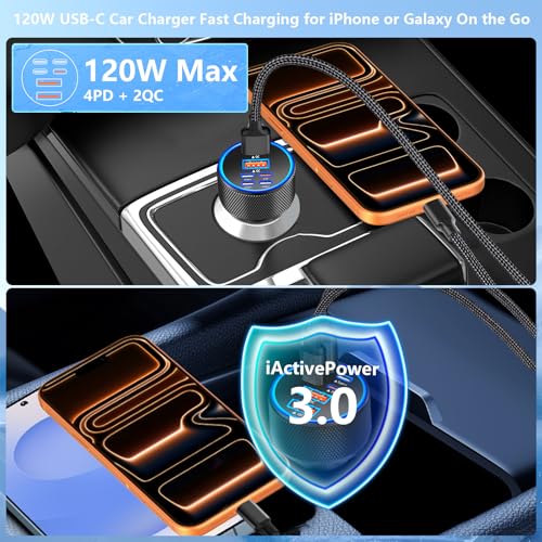 KYOHAYA USB C Car Charger, 120W 6Port USB-C & USB-A Power Car Phone Charger - color: Velvet Black