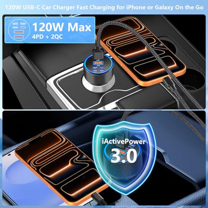 KYOHAYA USB C Car Charger, 120W 6Port USB-C & USB-A Power Car Phone Charger - color: Velvet Black