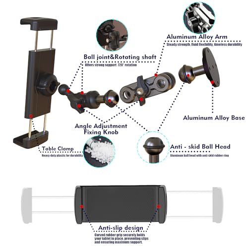 Tablet Holder For Car Mount Dashboard Aluminum Heavy Duty Drill Base 360° Rotating Mount for Trucks Dashboard Cars and Commercial Vehicles,Boat,Wall Compatible with 4.7～12.9 inch Tablets/Phone