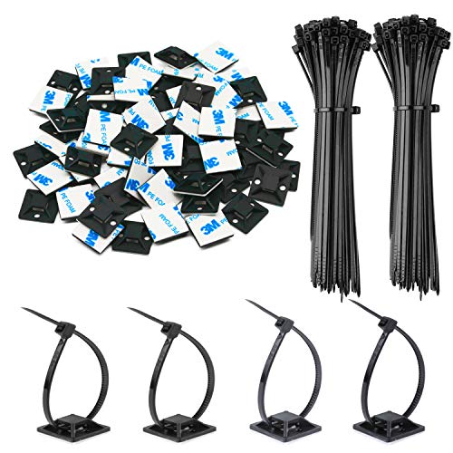 50 Pack 1.5 inch Zip Tie Adhesive Mounts Self Adhesive Cable Tie Base Holders with Multi-Purpose Tie wire clips with screw hole,Anchor stick on wire holder with 8 inch zip ties（Black） - color: 50 Pack 1.5" Black