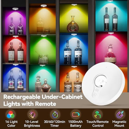 Rechargeable Puck Lights with Remote, 3 Pack Magnetic Under Cabinet Lighting, 1500mAh Battery Operated LED Tap Lights with Dimmer & Timmer for Kitchen, Closet, Shelf - 3 Color Temps & 12 RGB, White - color: White