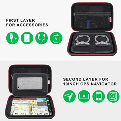 BOVKE Hard Carrying GPS Case for 10-inch Garmin Dezl OTR1000 / OTR1010 / RV 1090 GPS Navigator System, Mesh Pocket for Car Charger, USB Cables, Black