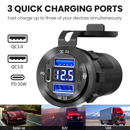 12V USB Car Socket, 3-Port Marine Aluminum USB Quick Charge Waterproof Cigarette Round USB C 12V Outlet for Car Golf Cart Boat Marine Bus Truck RV Marine Motorcycle etc(2QC+1PD(1Pack)) - color: 2USB+1PD(1Pack)
