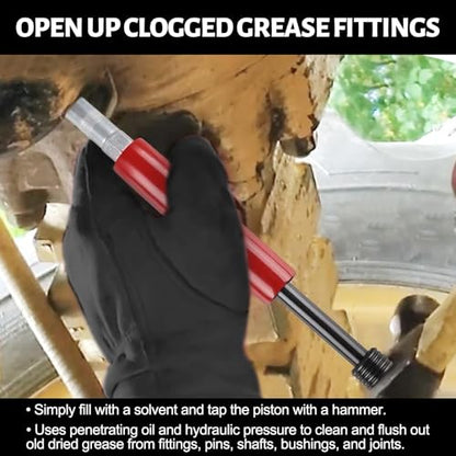 Grease Fitting Cleaning Tool, Cleans and Flushes Out Old Dried Grease from Fittings, Pins, Shafts, Bushings, and Joints. Uses Penetrating Fluid and Hydraulic Pressure, Red - color: Red