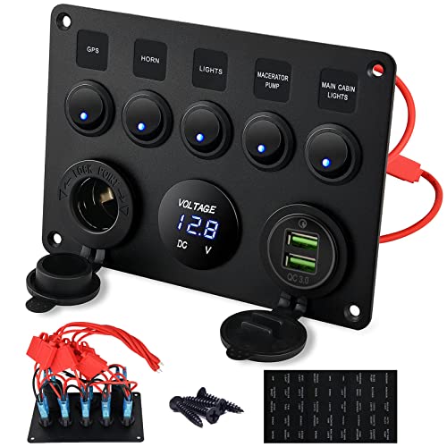 Kohree 5 Gang 12V Marine Switch Panel, Waterproof Boat Rocker Switch Panel - style: 5 Gang