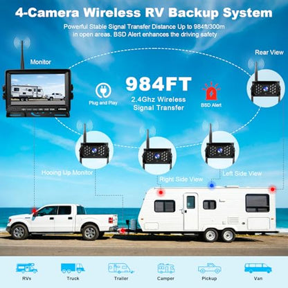 VTimes Wireless Backup 4 Camera for Trucks RV Backup Camera with HD Monitor - color: 7 inch - 4 Cameras