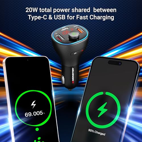 Monster Bluetooth FM Transmitter for Car Cigarette Lighter with 20W QC3.0 USB A & USB C PD Charger, Bass Boost Button, Flash Drive Port, Google Voice & Siri Compatible, Hands-Free Calls, Microphone