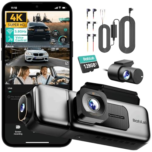 BOTSLAB 4K 3 Channel Dash Cam Front and Rear/Inside with Fuse Tap Hardwire Kit Type C, Dash Camera 24/7 Parking Mode, 3.18”Touch Screen Dashcam, Built-in GPS 5.8GHz WiFi Voice Control, Free 128GB Card