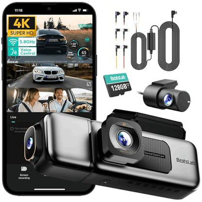 BOTSLAB 4K 3 Channel Dash Cam Front and Rear/Inside with Fuse Tap Hardwire Kit Type C, Dash Camera 24/7 Parking Mode, 3.18”Touch Screen Dashcam, Built-in GPS 5.8GHz WiFi Voice Control, Free 128GB Card