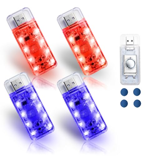 4 PCS Car LED Lights, USB Plug-in Rechargeable 8 High-Brightness LED Beads,Portable Mini Touch Control Dimmable Night Light for Car/Bedroom/Party/Holiday Decoration (2Red&2Blue) - color: 2Red&2Blue
