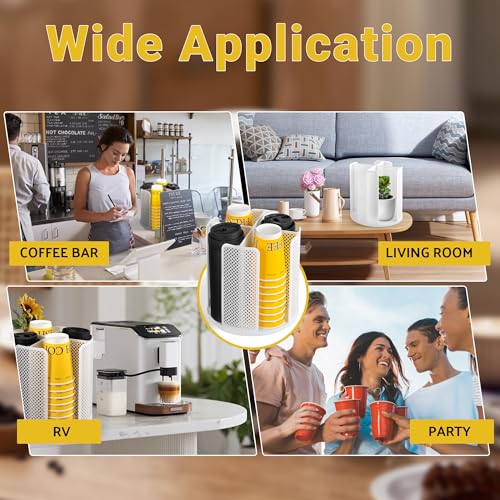4-Compartment Rotating Paper Cup Holder & Coffee Cup Lid Storage Dispenser, Plastic Cup Dispenser Removable, Space-Saving Countertop Cup Holder for Coffee Bars, Kitchens (White) - color: White