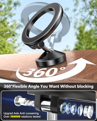 2024 Upgrade for MagSafe Car Mount Dashboard [360° Rotation All-Metal] [Strongest Magnets] Magnetic Phone Holder for Car Dash, HandsFree Car Phone Holder for iPhone 16 15 14 13 12 Pro Max Plus Mini - color: Premium Black