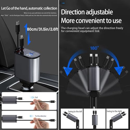 Retractable Car Charger for iPhone 15 Pro Max, Car Cigarette Lighter 66W Fast USB C Phone Charger, 4 in 1 Retractable Type C Car Charger for iPhone/MacBook Pro/Air,Huawei