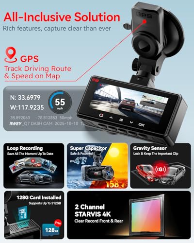 IIWEY 4K+4K Dash Cam Front and Rear, Dual STARVIS Sensor, 5G WiFi-6 (up to 20MB/s) with App, 128G SD Card Included, GPS, Dash Camera for Cars with 24/7 Parking Mode, 3.18 Inch IPS, 170° Wide Angle