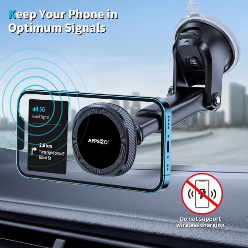 APPS2Car for MagSafe Car Phone Mount for iPhone, Magnetic Windshield Dashboard Holder with Telescopic Arm and Strong Suction Cup, Compatible with iPhone 17/16/15/14/13/12 MagSafe Cases - color: Black