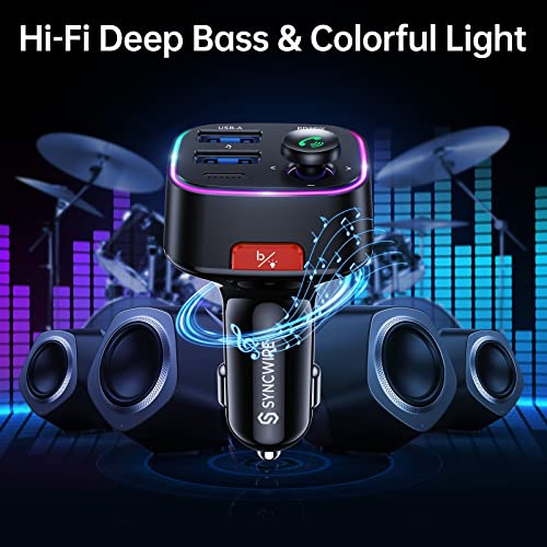 SYNCWIRE Bluetooth 5.3 FM Transmitter Car Adapter 38W [Light Switch] [HiFi Bass Sound] [Fast Charging] Wireless Radio Music Adapter LED Display Hands-Free Calling Support USB Drive - color: Black, style: 38W