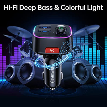SYNCWIRE Bluetooth 5.3 FM Transmitter Car Adapter 38W [Light Switch] [HiFi Bass Sound] [Fast Charging] Wireless Radio Music Adapter LED Display Hands-Free Calling Support USB Drive - color: Black, style: 38W