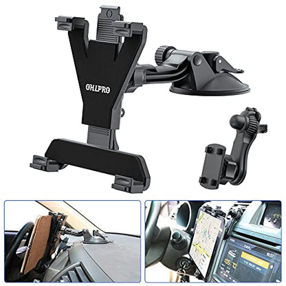 OHLPRO Dashboard Tablet Holder for Car, iPad Car Holder Suction Cup Mount Compatible with 7"-13" Tablets, Truck Windshield Vent with Flexible Arm Clip, Sturdy Adjustable Design, 360° Rotation, Black - size: Dash+Clip 7-13" Mount