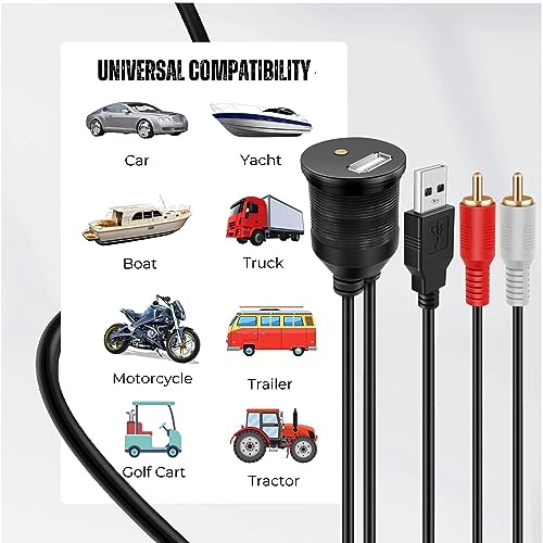 TNP USB RCA Flush Mount Cable - Dashboard Panel Dash Mount Port USB + RCA to USB + 3.5mm AUX Socket Jack Plug Connector Extension Wire Cord for Car Truck Trailer Boat Motorcycle (1M / 3FT)