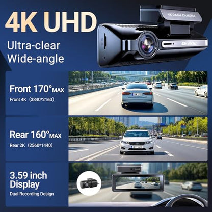 4K Dash Cam Front and Rear, Car Dash Camera with Built-in GPS, 5GHz WiFi, Night Vision, G-Sensor, 64GB SD Card, Loop Recording, 3.59 Inch Screen, 170° Wide Angle, Parking Monitor