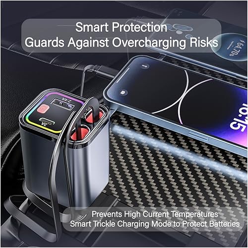 4-in-1 Retractable 30W Fast Car Charger, Dual USB-C Lightning Cable, 180° Adjustable Ambient Light 12V-24V