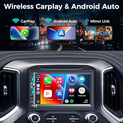 7-Inch Double Din Car Stereo with Apple CarPlay, Android Auto - style: Volume knob + 4 physical buttons