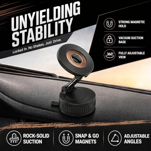 Vacuum Lock Magnetic Car Phone Holder, 5lbf Strong Suction, 360° Adjustable Triple-Axis Phone Stand, Reusable Washable PU Gel Base for iPhone 12-16 Series, Android Smartphones, Black