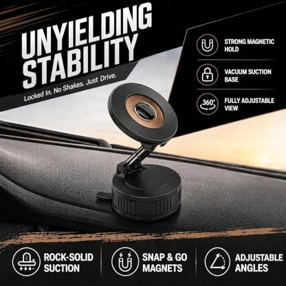 Vacuum Lock Magnetic Car Phone Holder, 5lbf Strong Suction, 360° Adjustable Triple-Axis Phone Stand, Reusable Washable PU Gel Base for iPhone 12-16 Series, Android Smartphones, Black
