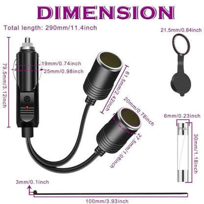 1 to 2 Car Cigarette Lighter Splitter 12V-24V DC Dual Power Charger Port 11 Inch UL Extension Wire 2 Way Y Adapter with 15A Fuse Dust Cover Cable Ties for RV Truck Boat