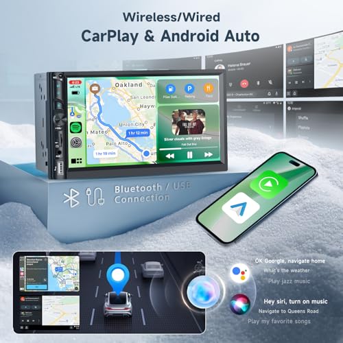 Double Din Car Stereo Radio with Wireless CarPlay Android Auto, 7 Inch HD Touch Screen Car Play Audio Receivers with Bluetooth, HD Backup Camera, FM, Mirror Link, USB/Type C/TF/AUX/SWC - style: 7 Inch with carplay