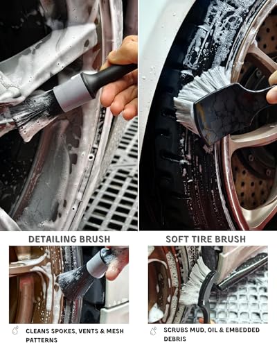 oesee 8PCS Pro Wheel Cleaning Kit - Synthetic Wool Brushes, Detailing Brush, Tire Brush, Wash Mitt, Drying Towel & Carry on Bag - Scratch-Free Rim Cleaning Kit - color: Grey & Black