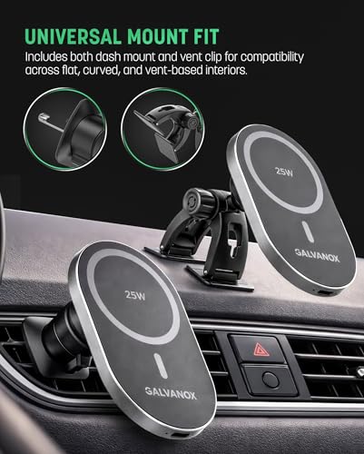 Galvanox Magnetic Wireless Car Charger Mount for Samsung Galaxy Phones, 25W Fast Charging (Compatible with MagSafe), Dashboard & Vent Phone Holder with 45W USB-C Adapter