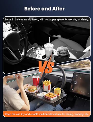 2-in-1 Car Steering Wheel Desk & Table Tray, Seat Gap Filler Organizer - Detachable Two-Piece Slide-Together Laptop & Eating Tray, Adjustable Supports & Hooks, Fits Most 3-Spoke Round Wheels
