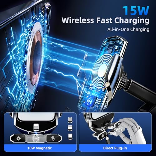 Car Phone Holder,Car Mount Charger,15W Wireless Charging & 10W Magnetic Charging(3 Connectors),Auto-Clamping Hands Free,Suction Cup Mount for Windshield,Mirror & Screen,Car Accessories & Gift - size: Universal | Charging