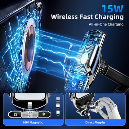 Car Phone Holder,Car Mount Charger,15W Wireless Charging & 10W Magnetic Charging(3 Connectors),Auto-Clamping Hands Free,Suction Cup Mount for Windshield,Mirror & Screen,Car Accessories & Gift - size: Universal | Charging