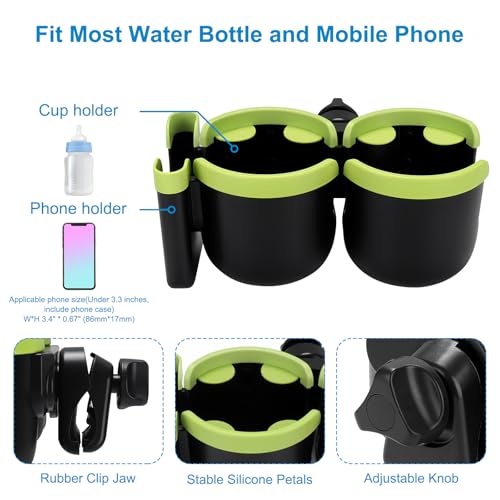 Accmor Stroller Cup Holder with Phone Holder, Bike Cup Holder, Universal Cup Holder for Uppababy Nuna Strollers, 2-in-1 Drinks Holder for Walker, Wheelchair, Scooter - color: Double Holder-Green