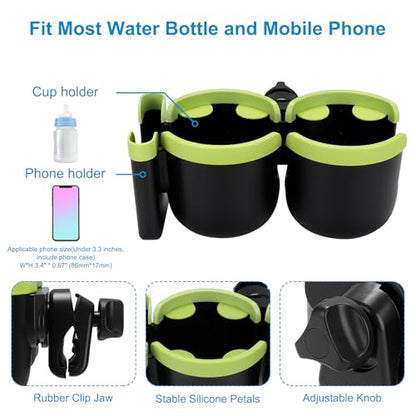 Accmor Stroller Cup Holder with Phone Holder, Bike Cup Holder, Universal Cup Holder for Uppababy Nuna Strollers, 2-in-1 Drinks Holder for Walker, Wheelchair, Scooter - color: Double Holder-Green