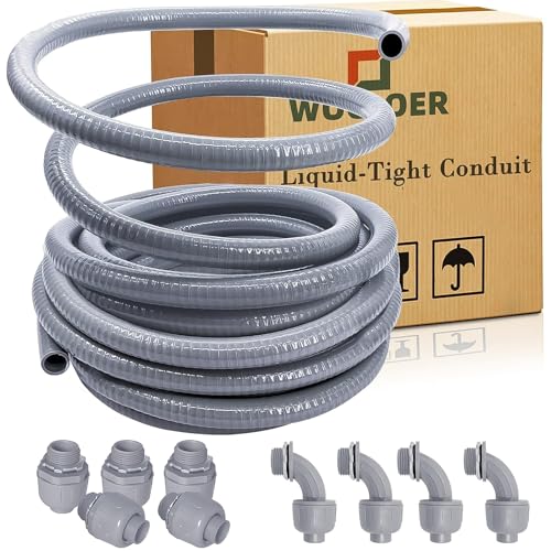 50 Foot Liquid-Tight Conduit Kit - 1/2inch Flexible Non Metallic Liquid Tight Electrical Conduit and 5 Straight and 4 Angle Fittings Included. 1/2" Dia - size: 1/2inch 50Ft
