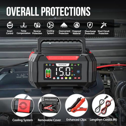 NEXPEAK 15A Battery Charger, Trickle Charger 12V/24V Car Battery Charger 9-Stage Smart LiFePO4 Charger Battery Maintainer w/Overcharge Protection Pulse Repair for Car Truck Motorcycle Lawn Mower