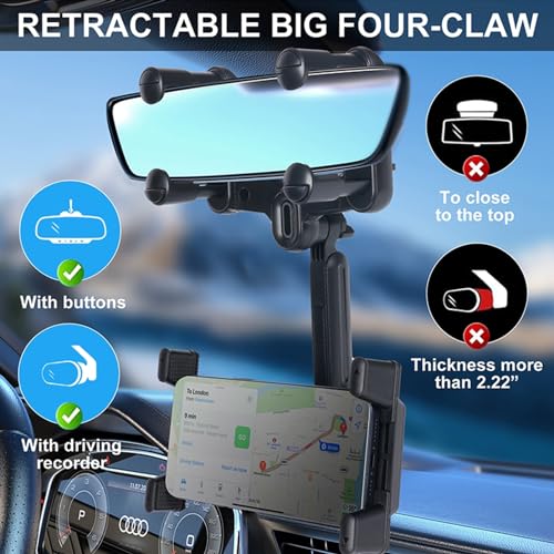 kelofam Phone Mount for Car,Car Rear View Mirror Phone Holder, Multifunctional 360°Rotatable and Retractable Tablet Holder for Car，Suitable for iPhone,iPad,Samsung Z Fold 7 6 5, All Foldable Phones